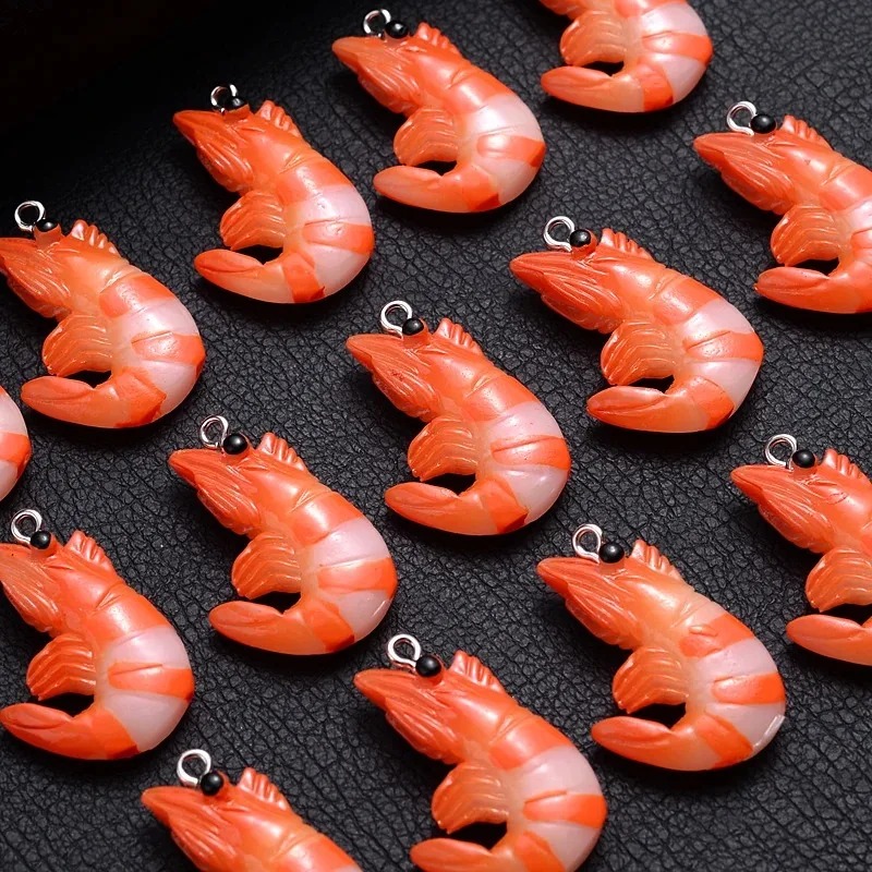 Resin Craft Supplies - 10個入り 3Dシミュレートロブスターシュリンプチャーム、アクリル樹脂製カートゥーンシーフードペンダント DIYネックレスジュエリー製作用品